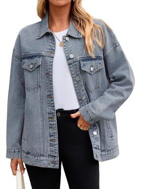 Women's Grey Denim Jacket Oversized Button Down Fall Jean Long Sleeve Jacket